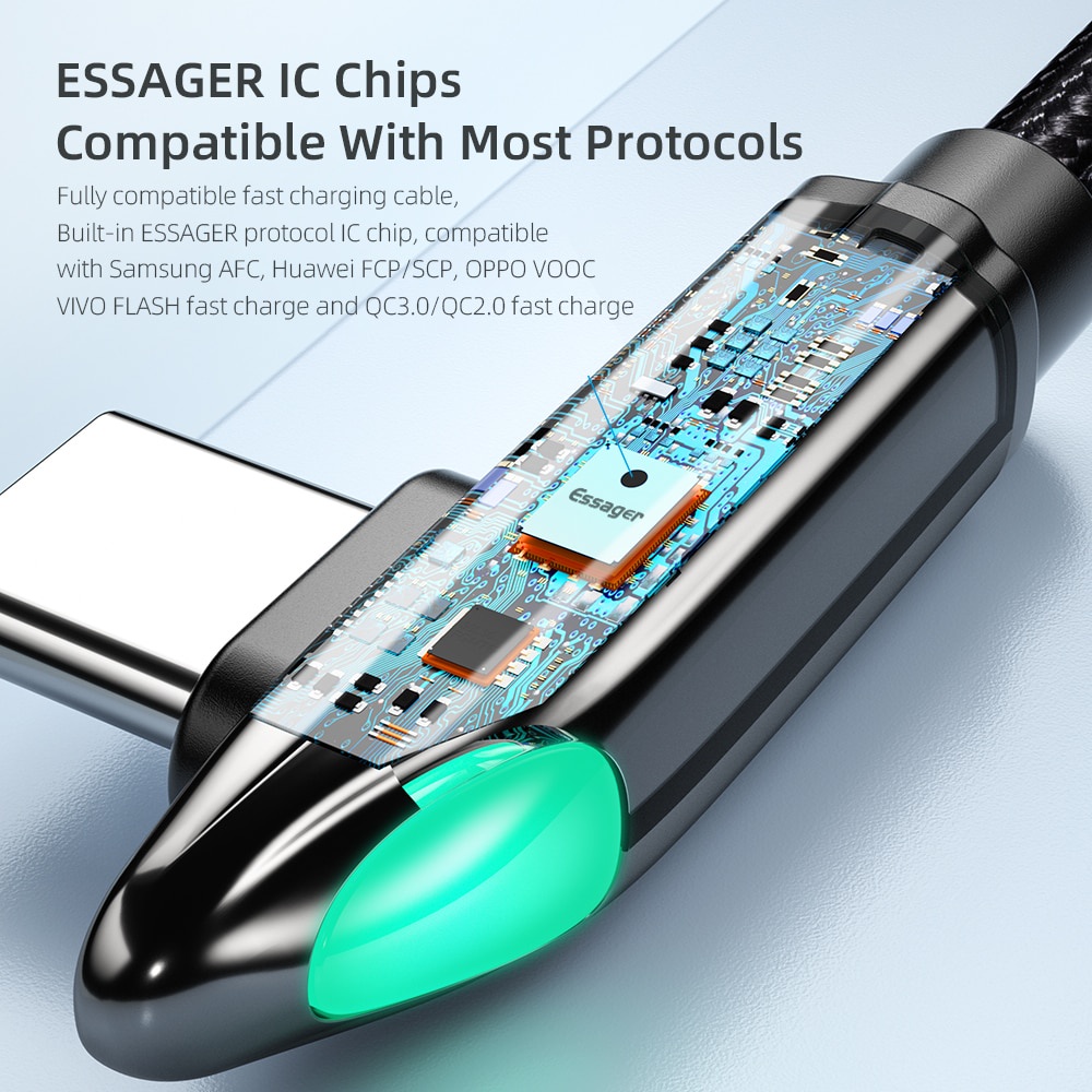 Dây Cáp Dữ Liệu Essager 6A 66W USB Type C USBC 90 Độ Sạc Nhanh 5A Có Đèn LED