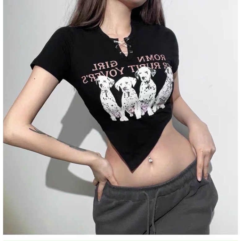 [CÓ GHIM CÀI] Áo CropTop Tà Chéo In Hình Chú Chó