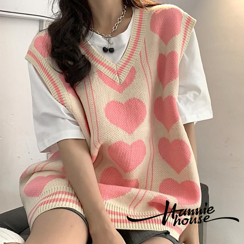 Áo dệt kim không tay cổ chữ v dáng rộng in họa tiết trái tim thời trang thu đông dành cho nữ