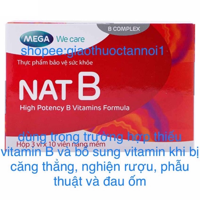 Viên bổ sung vitamin B Nat B (vitamin nhóm B,nicotinamide, folic acid,choline bitartrate, biotin, inositol) mega we care