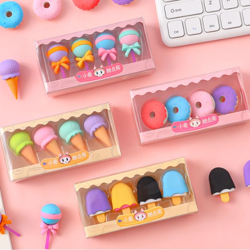Tẩy bút chì cute set 4 gôm cỡ lớn hình đồ ăn đáng yêu tẩy sạch tiện lợi cho học sinh sinh viên