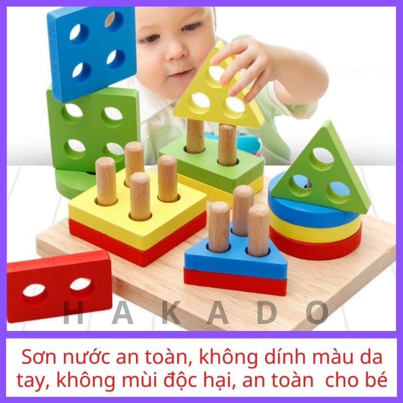 Đồ chơi montessori thả hình 4 cọc bằng gỗ cho bé