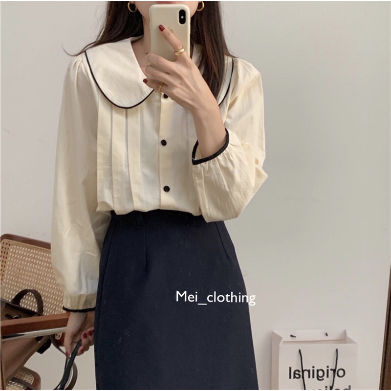 [Ảnh thật/video] Áo sơmi babydoll li ngực cổ tròn kết hợp viền đen tạo điểm nhấn