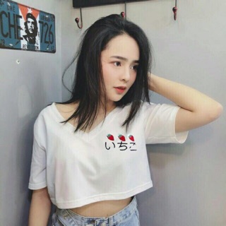 Áo Croptop Cổ tim thêu trái dâu
