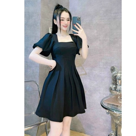 Váy đầm nữ dáng xòe tay phồng cổ vuông xếp ly eo