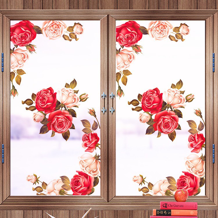 Decal dán kính cao cấp - Hoa Hồng Mẫu đơn đỏ hồng (60x116 )