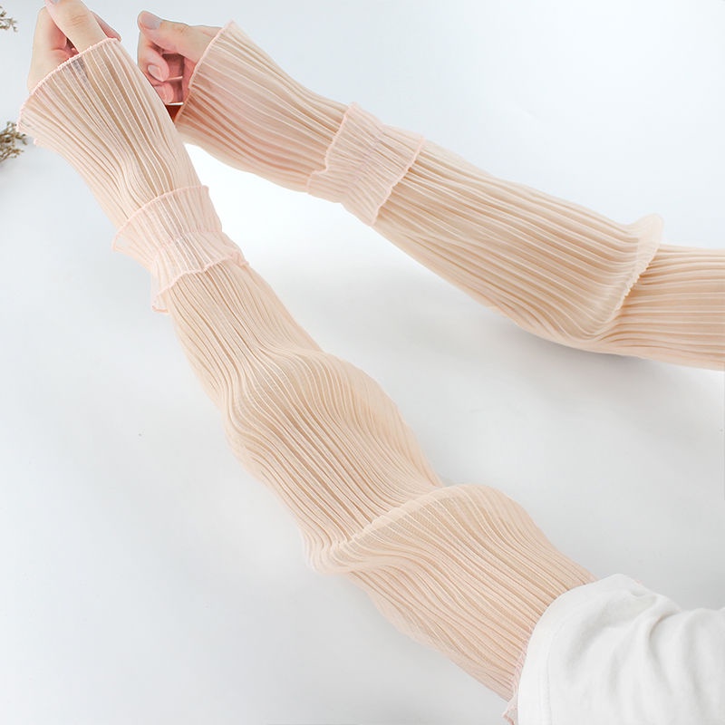 Găng Tay Chống Nắng Vải Lụa Lạnh Mỏng Phối Ren Thời Trang Mùa Hè Cho Nữ