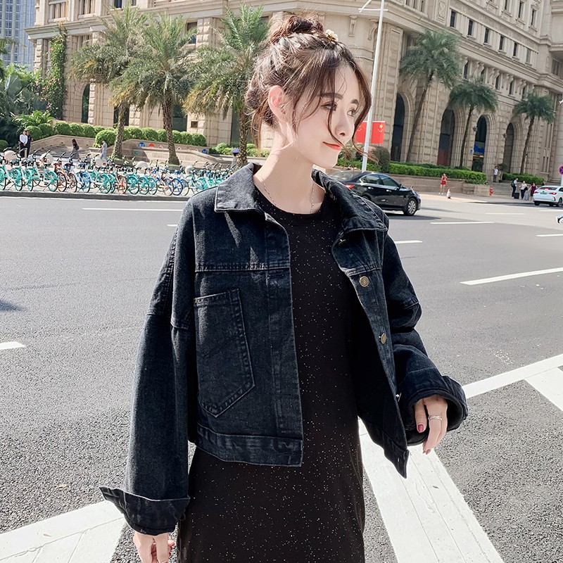 Large size women's clothing plump girls frock in black soft denim jacket women 200 Jin loose Korean style spring 2020 Au