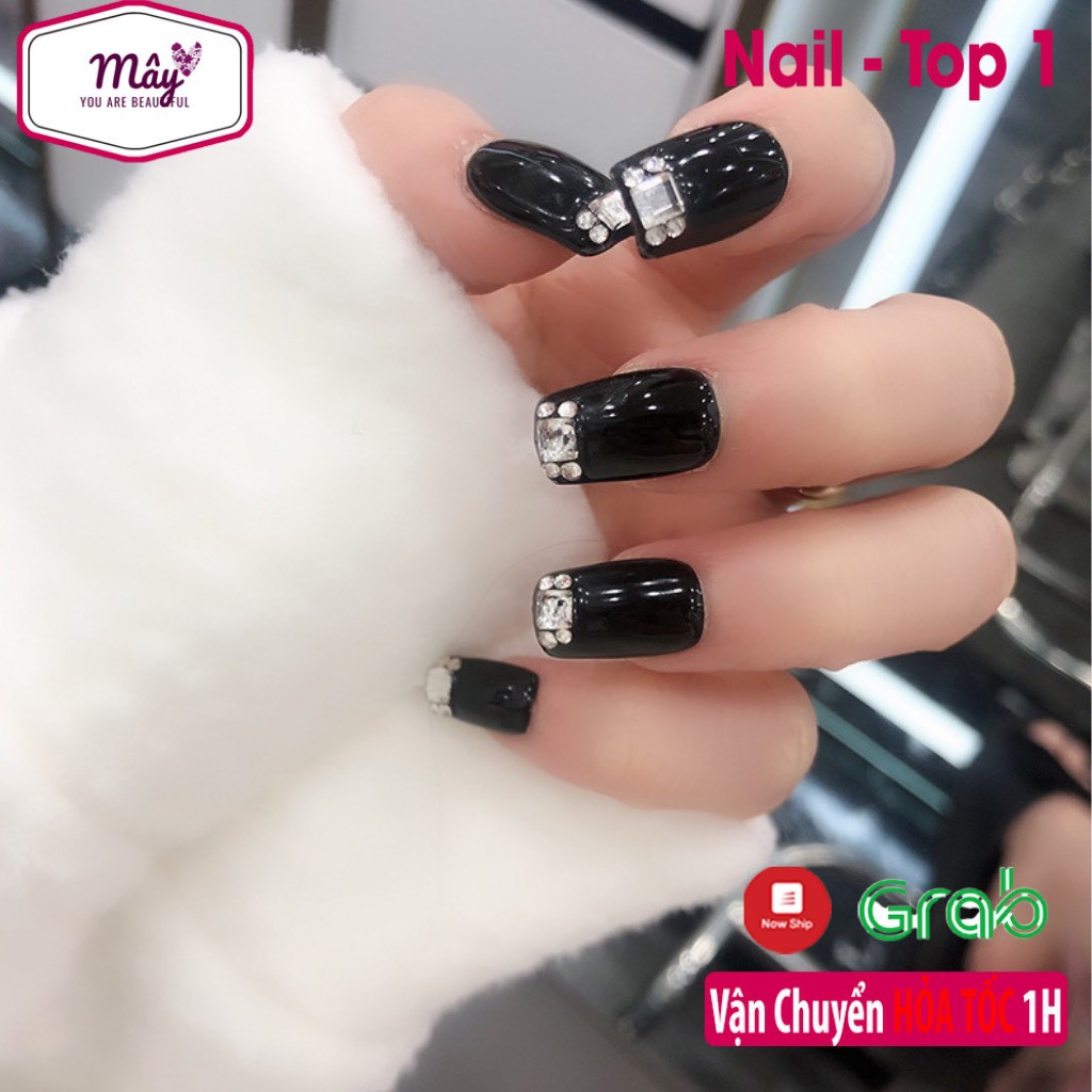 Set 24 móng tay giả đính đá cao cấp sơn gel đen sang chảnh tặng kèm keo