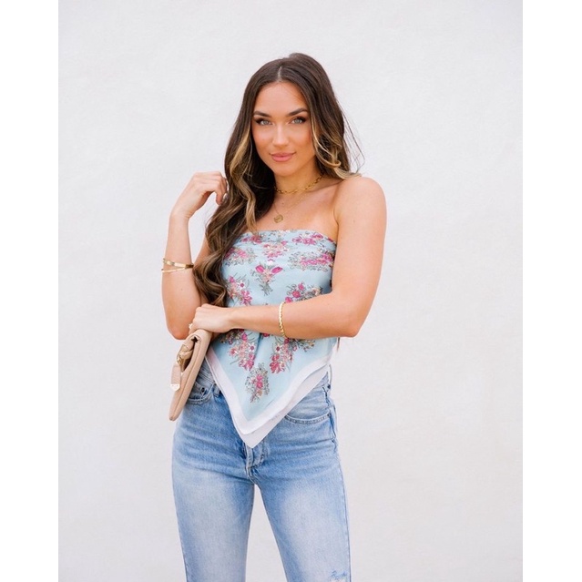 Khăn turban lụa vuông bandana cột áo yếm in hoa văn hoa - Maben