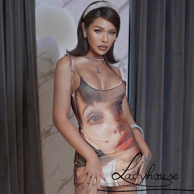 LD-Đầm không tay cổ chữ U in họa tiết chân dung Tan cho nữ size S/ M/ L