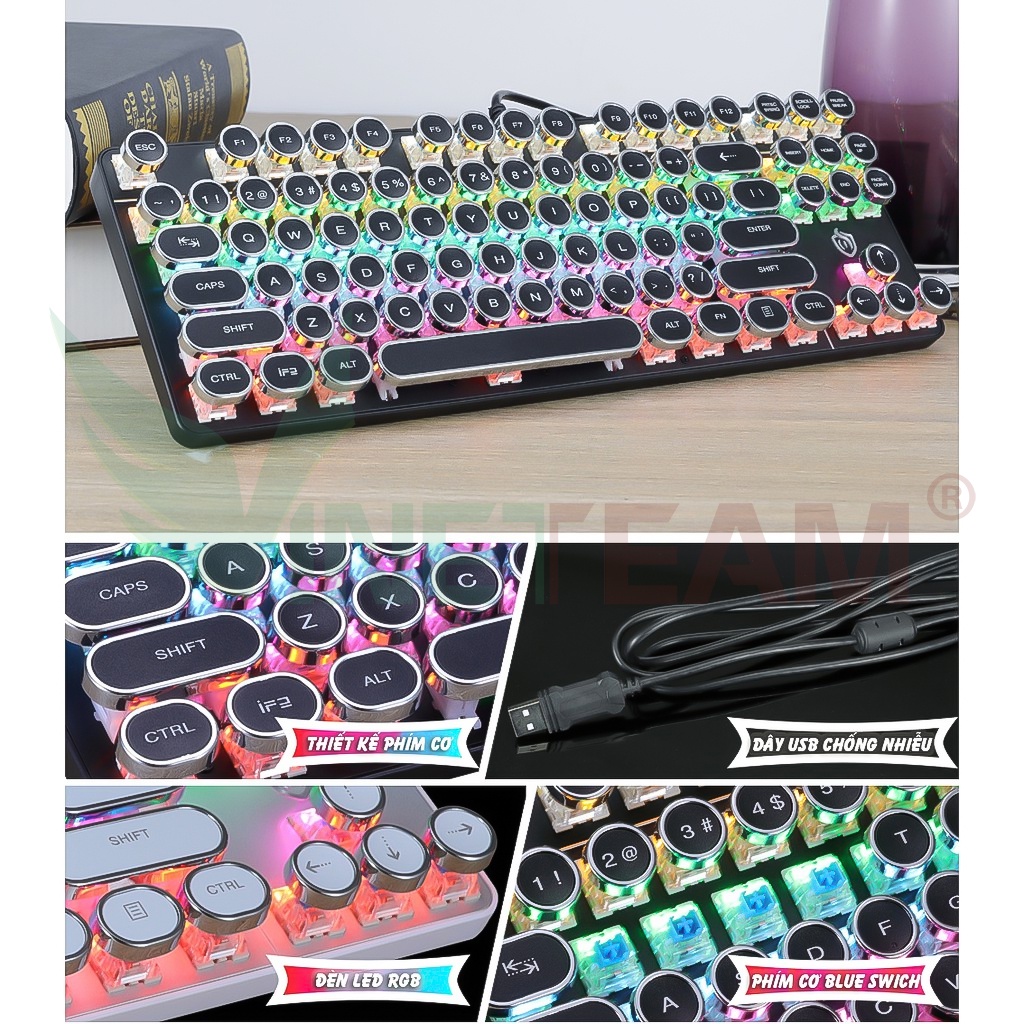 Bàn phím cơ Gaming HJK917 Blue Switch Chống nước  Full LED hiện đại, thời trang ,Phong Cách Cổ Điển Mẫu mới 2022 -dc4785