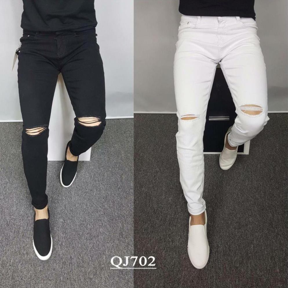 Quần jeans nam rách gối Đen Trắng ôm chân dày dặn co giãn bền đẹp thoải mái (Shop bán Chân Thành Uy Tín)  ྇ ་