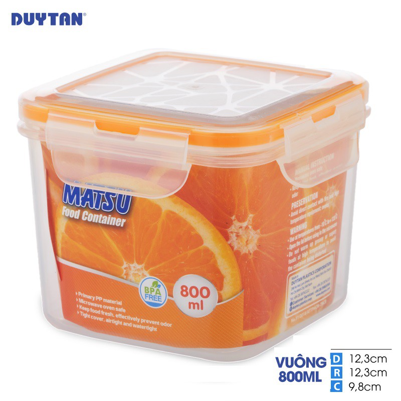 Hộp Nhựa Vuông Đựng Thực Phẩm Duy Tân Matsu dung tích 800ml (12.3 x 12.3 x 9.8 cm)