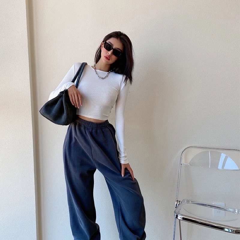 Áo croptop tay dài nữ , chất thun lụa mát dưới 52kg co dãn tốt from body HUYNE Denim