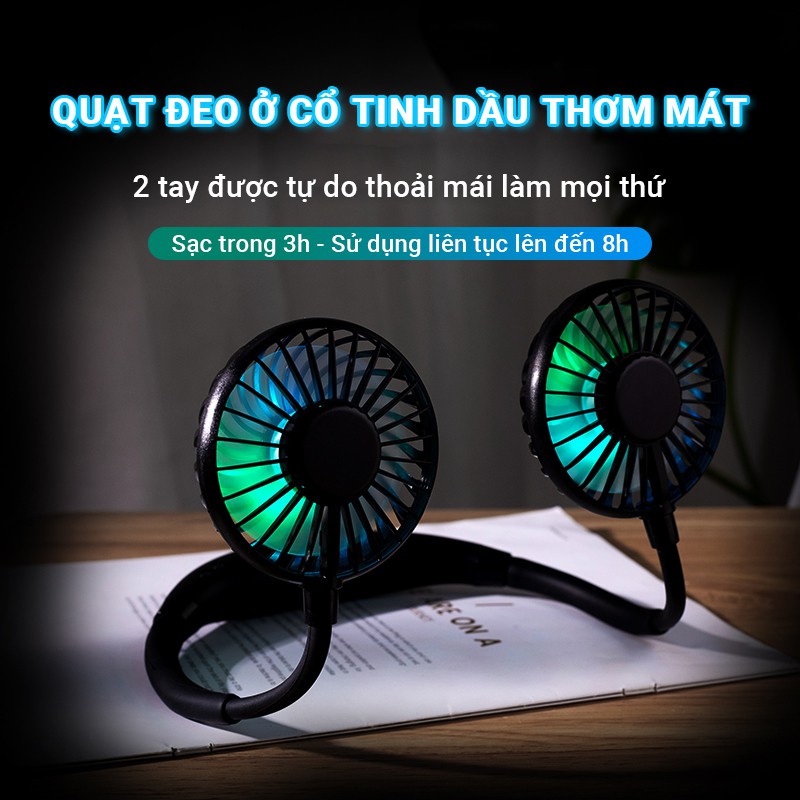 Quạt mini Cát Thái X8 đeo ở cổ thoải mái tiện lợi 3 sức gió tùy chỉnh có đèn LED và tinh dầu thơm dung lượng pin 2000mAh