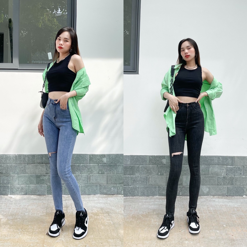 (Hình &amp;Video Thật) Quần Skinny Nữ Ôm Dáng Trơn Lưng Cao Lai Tua (Freeship) MK-SK03