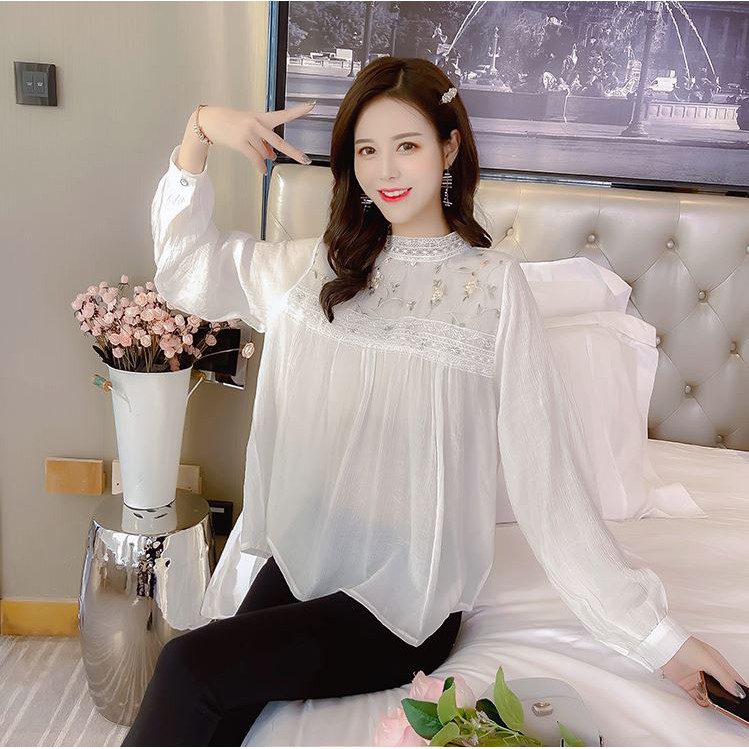 Áo sơ mi nữ dai tay syte Hàn Quốc - áo sơ mi kiểu dài tay thêu hoa nhỏ - SM001 | BigBuy360 - bigbuy360.vn