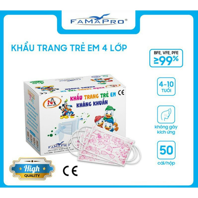 Khẩu trang y tế trẻ em - 4 lớp kháng khuẩn Famapro (Nam Anh) - Hộp 50 cái