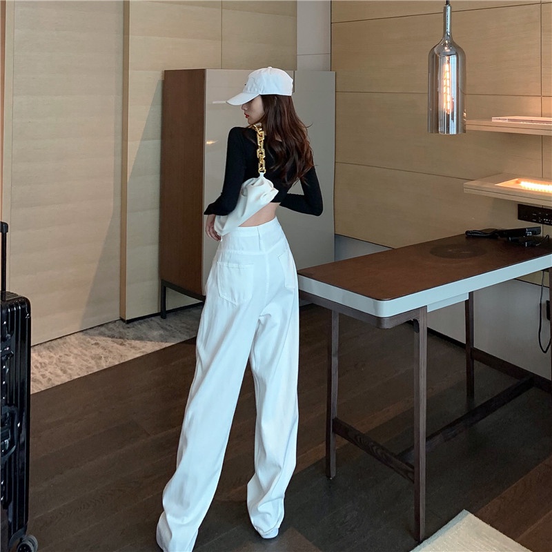 Cocory vn Quần jeans lưng cao ống rộng thời trang cho nữ