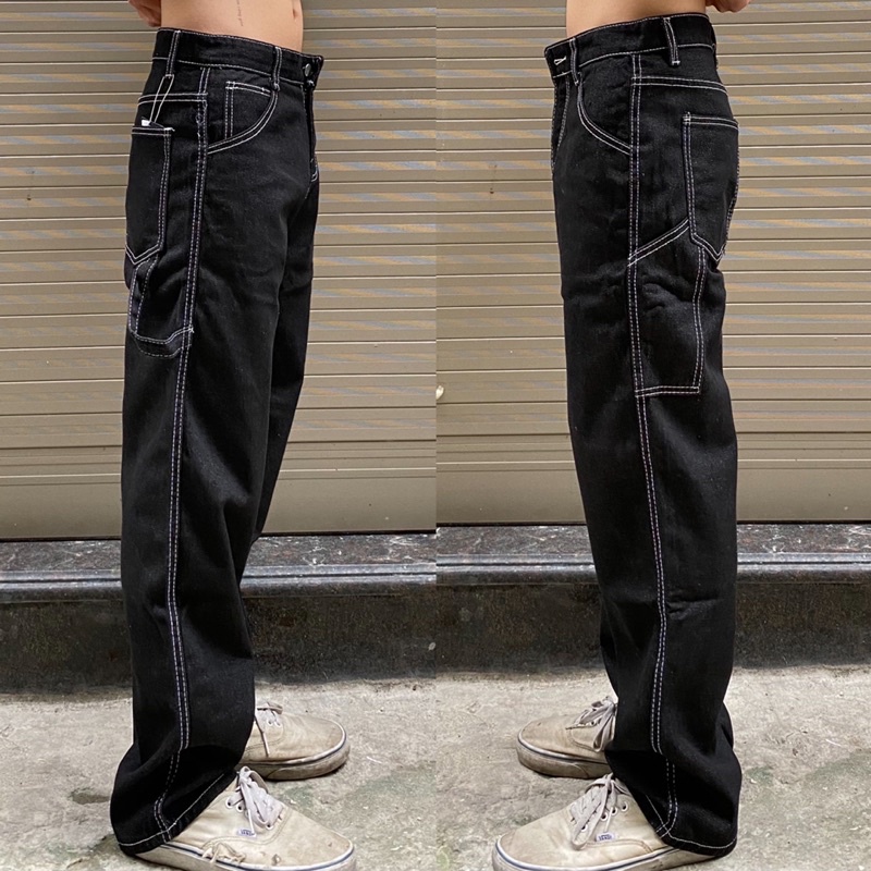 NEW - Quần Jeans suông màu đen muối tiêu, chỉ nổi, phong cách workwear, cá tính, chất, hiphop