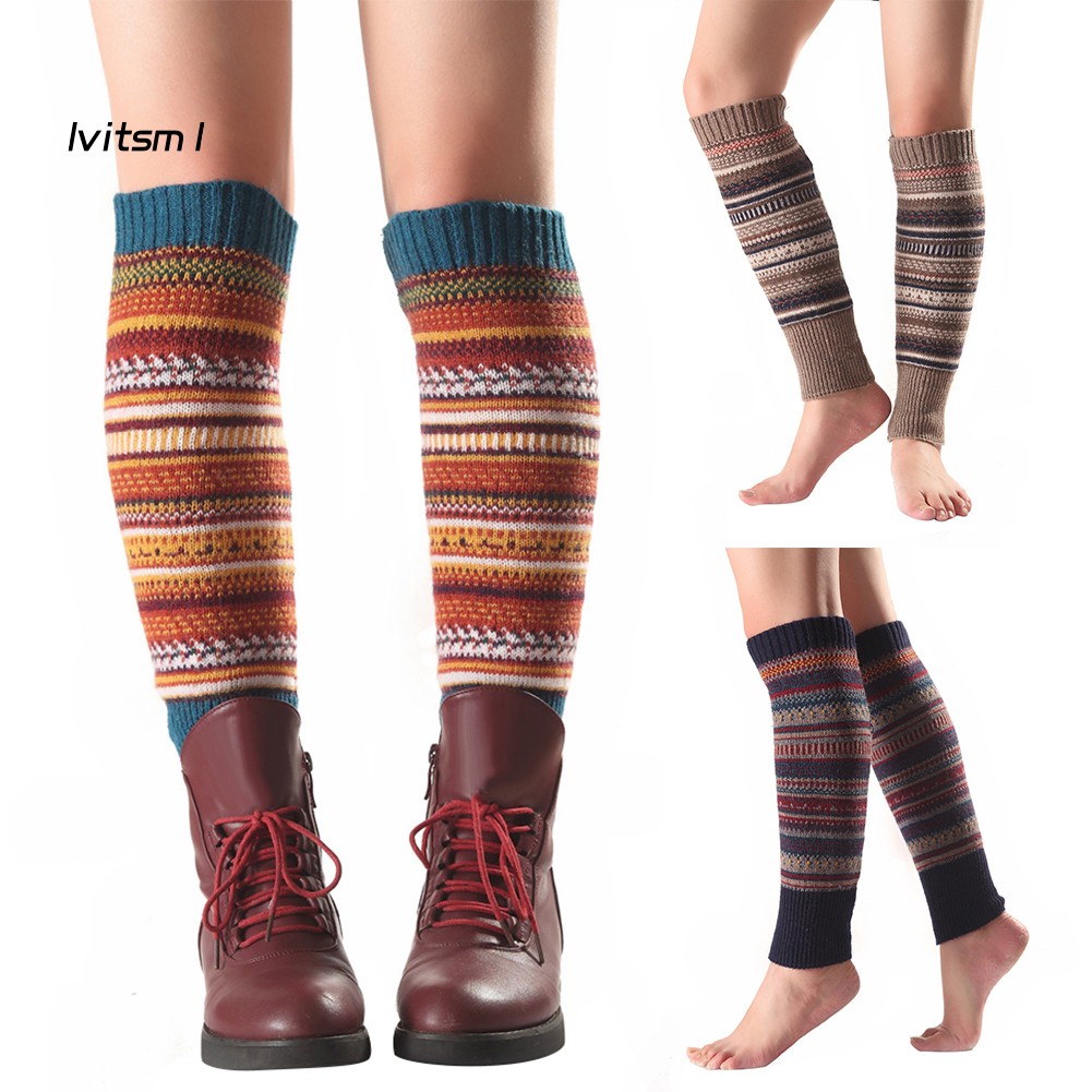 【LTM】Women Striped Knitted Leg Warmers Winter Footless Knee High Fashion Boot Socks