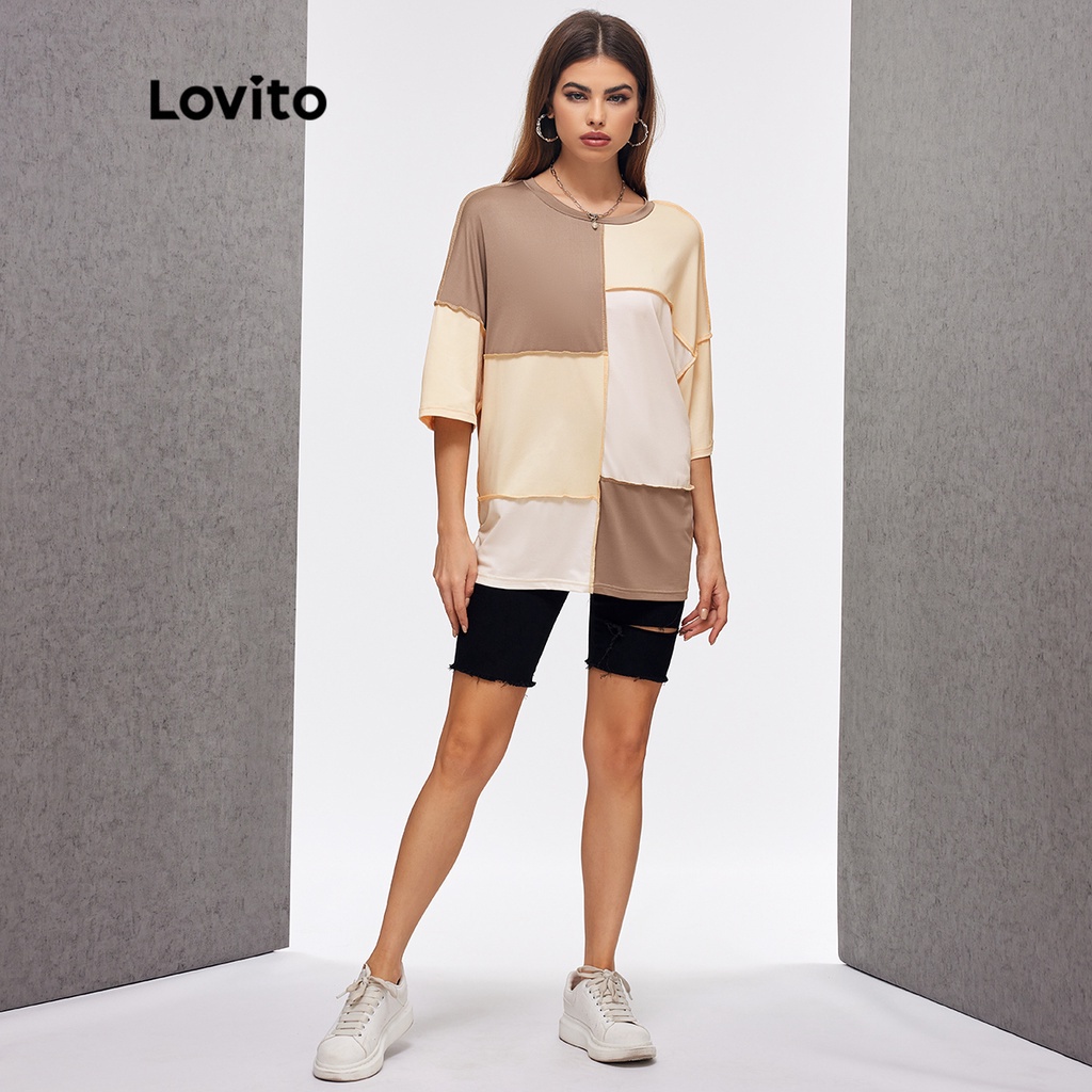 (Hàng có sẵn) Lovito Áo Thun L20D1193 Phối Màu Tương Phản Thời Trang Cho Nữ