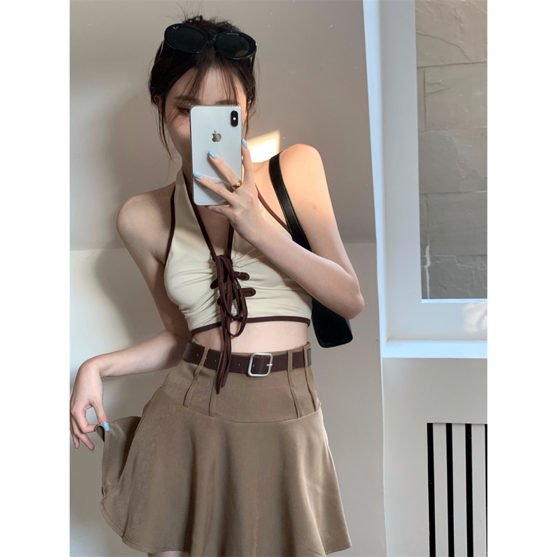 Set Áo Cổ Yếm Cột Dây Phối Chân Váy Thời Trang Hàn Quốc Nữ Tính áo gile áo vest nữ áo cổ yếm áo tank top nữ tank top nữ vest set vest áo vest