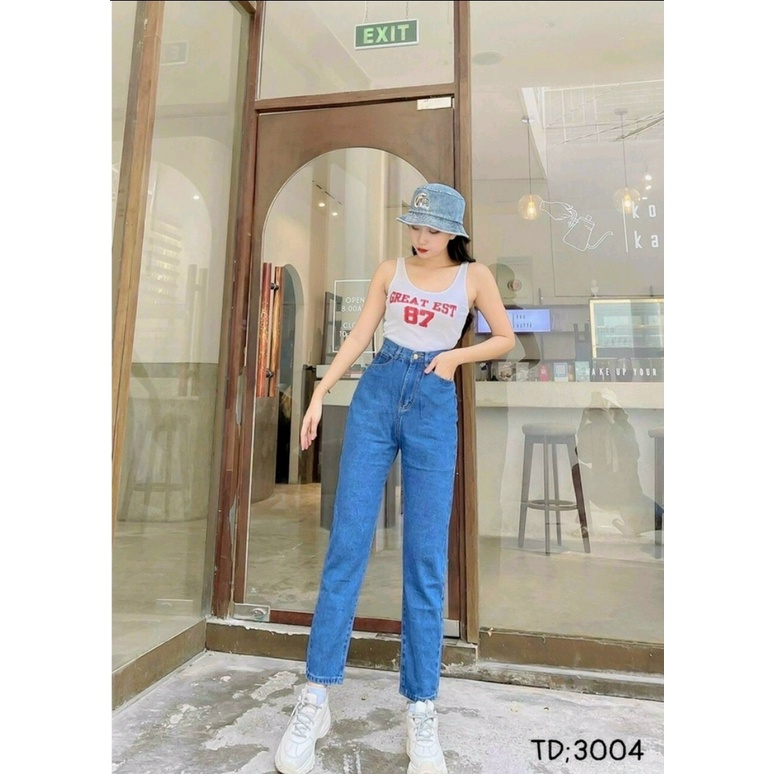 Quần baggy nữ màu xanh đậm trơn basic lưng cao - 435