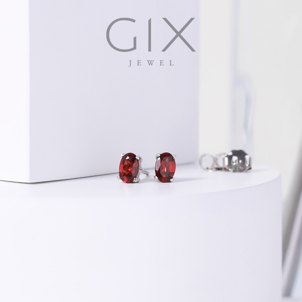 Bông tai bạc nữ đá Cz oval đỏ minimalist TPHCM Gix Jewel BT12