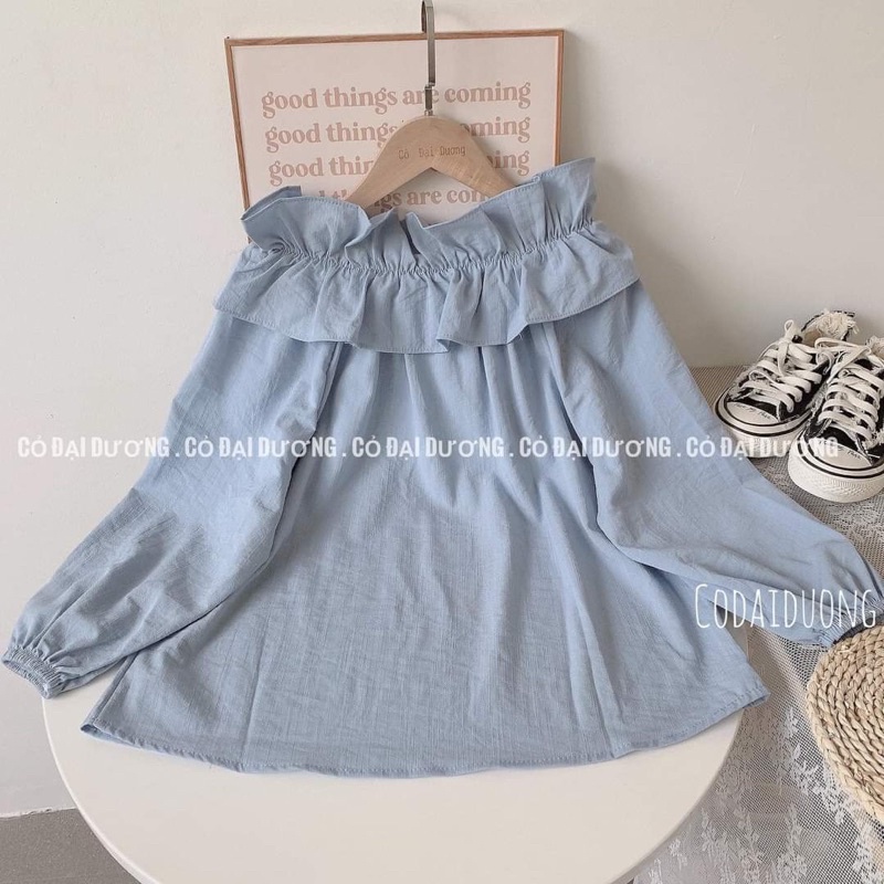 Áo Trễ Vai Bèo Tay Lửng L.Y Store Nữ [FREESHIP]  Thun đũi kiểu thiết kế bánh bèo tiểu thư màu XANH | TRẮNG Ulzzang