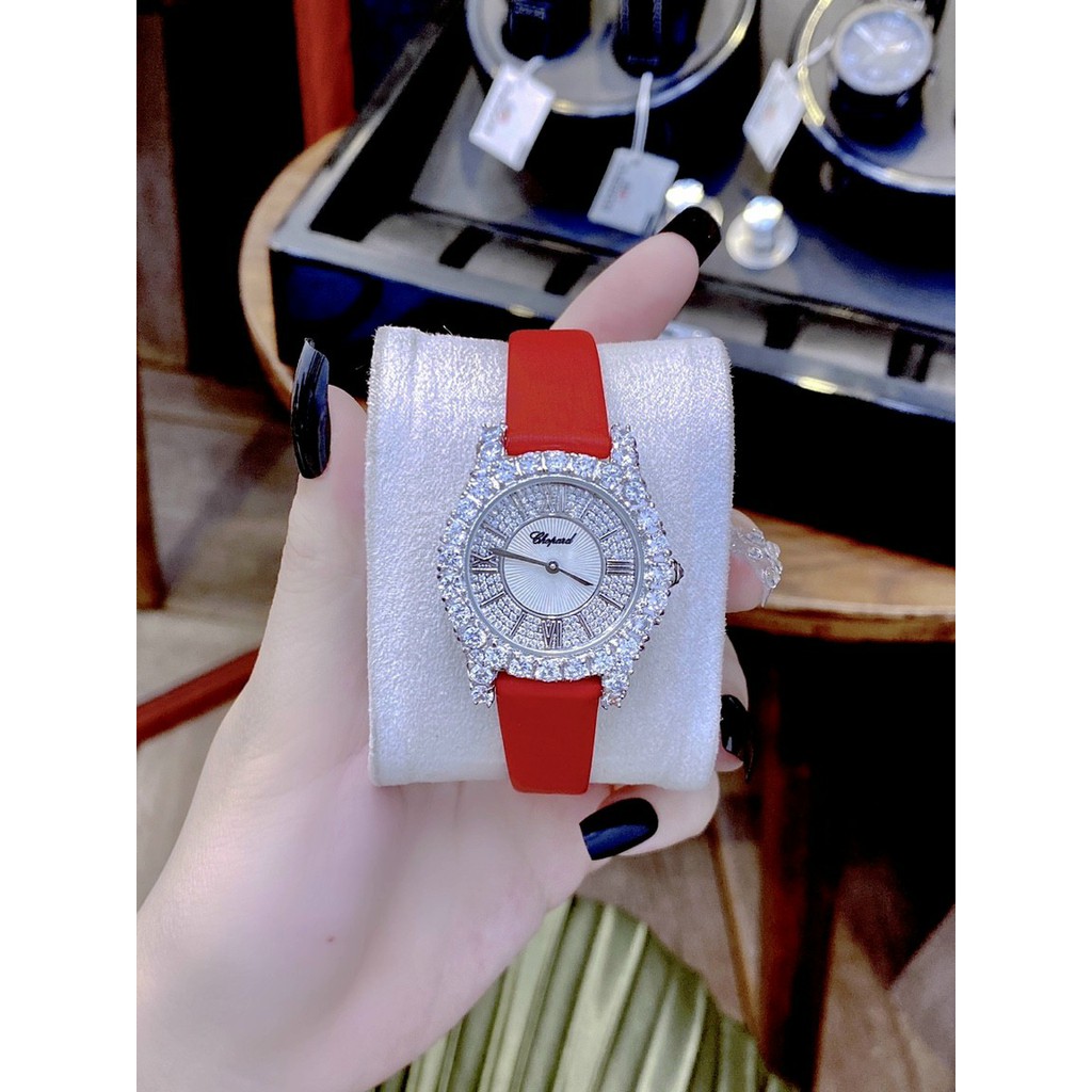 Đồng hồ nữ chính hãng, đồng hồ đeo tay authentic CHOPARD full box, mặt tròn, dây da, đính kim cương nhân tạo Swarovski