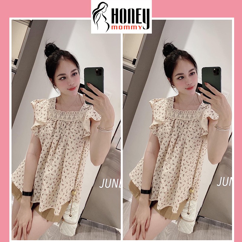 Bộ Đồ Bầu Hoa Nhí Cổ Vuông Phối Ren Gồm Áo Bầu Và Quần Bầu HT4603 Honey Mommy