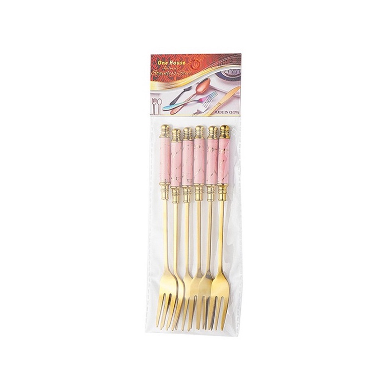 Thìa dĩa cán sứ set 6 chiếc cao cấp , Nĩa muỗng trái cây inox uống trà cà phê Huydecor