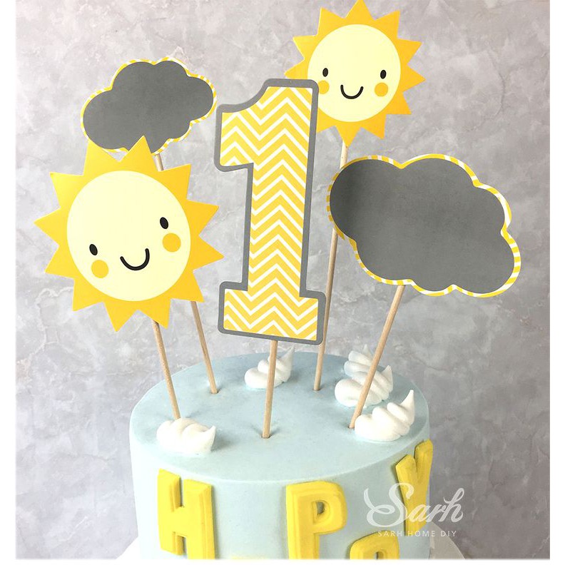 Phụ kiện trang trí bánh sinh nhật_Set que cắm số 1 + mặt trời + mây xám