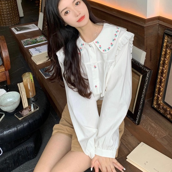 ZHELIHANGFEI Áo Sơ Mi Tay Phồng Cổ Búp Bê Thêu Họa Tiết Phong Cách Preppy Nhật Bản Dễ Phối Đồ