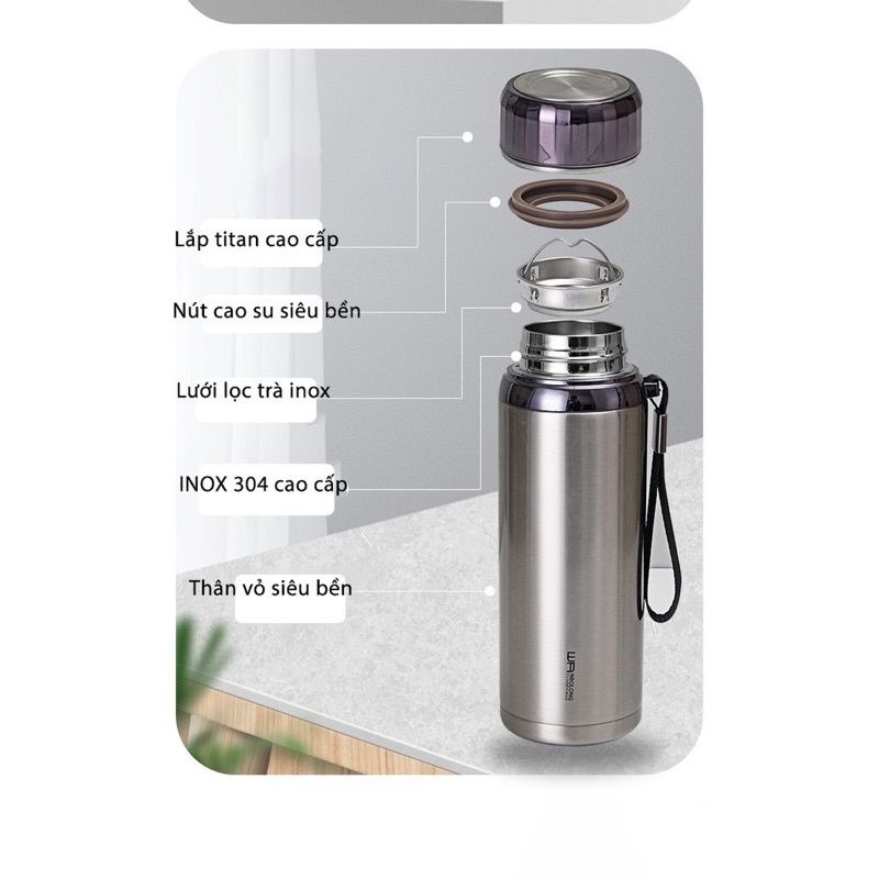 [Tặng quà 15k] Bình Nước Giữ Nhiệt Inox 1,5L GLAMO HOME chịu nhiệt, giữ nhiệt tốt, thiết kế tinh tế sang trọng