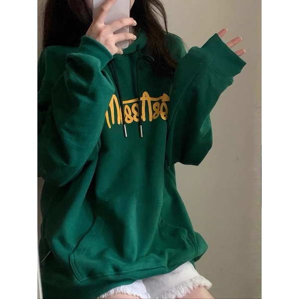 Áo Hoodie Nỉ Bông Unisex Xanh Rêu Chữ Xinh Xắn