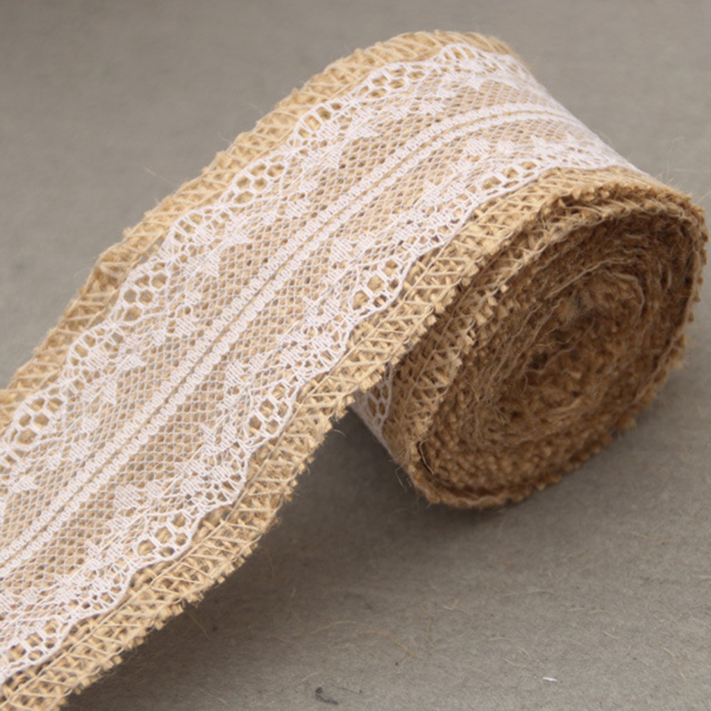 2M Natural Burlap Craft Ribbon Roll with White Lace Wedding Crafts