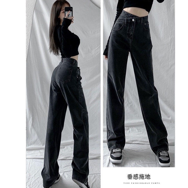 QUẦN JEAN NỮ ỐNG RỘNG QUẦN JEAN LƯNG CAO ỐNG SUÔNG CẠP CHÉO 3 MÀU BASIC TÔN DÁNG