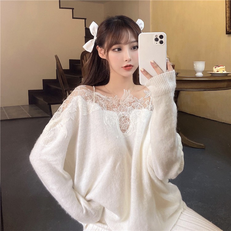 Áo trễ vai tiểu thư mùa thu bông viền ren hoa hàng Quảng Châu