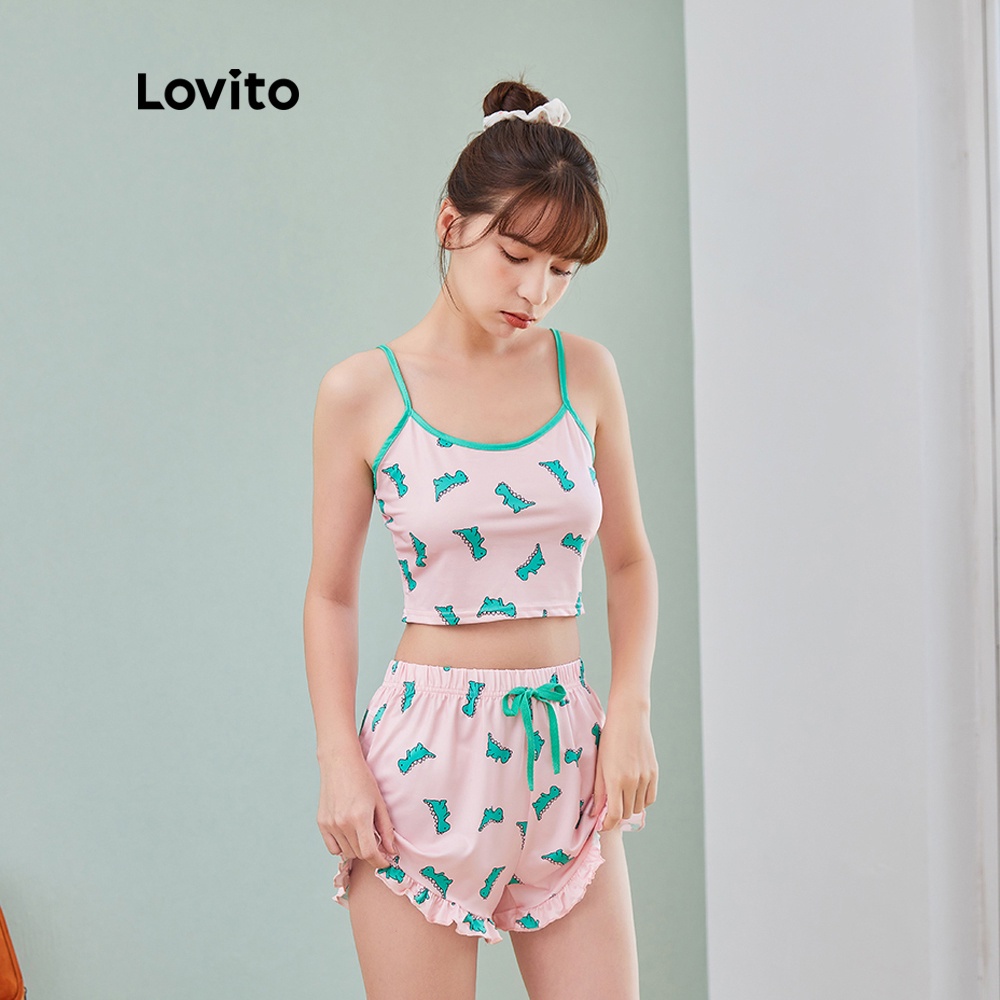 Set trang phục Lovito ôm dáng vừa vặn in họa tiết khủng long thiết kế viền bèo đáng yêu LSBSFSP2103 (Màu hồng)