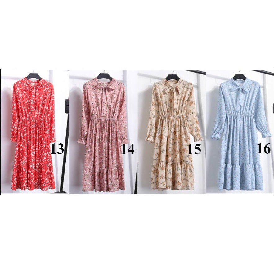 📣Tuyệt vời❤Đầm Chiffon Tay Dài In Hoa Phối Nơ Phong Cách Hàn Quốc Thời Trang Hàng Mới Dành Cho Bạn Gái