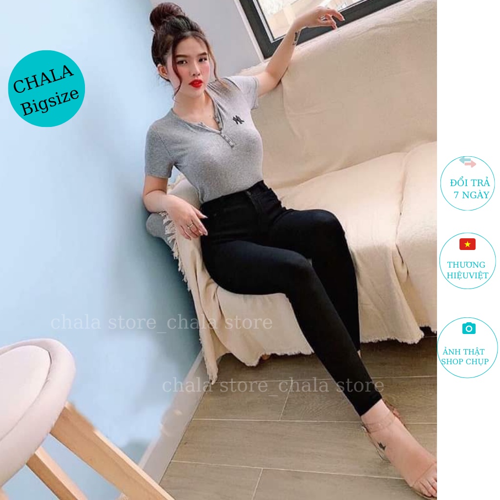 Quần Bò Giấy Nữ Cạp Cao Chala , Quần Jean Một Cúc Khóa Trước Dáng Dài Phong Cách Công Sở Đi Học