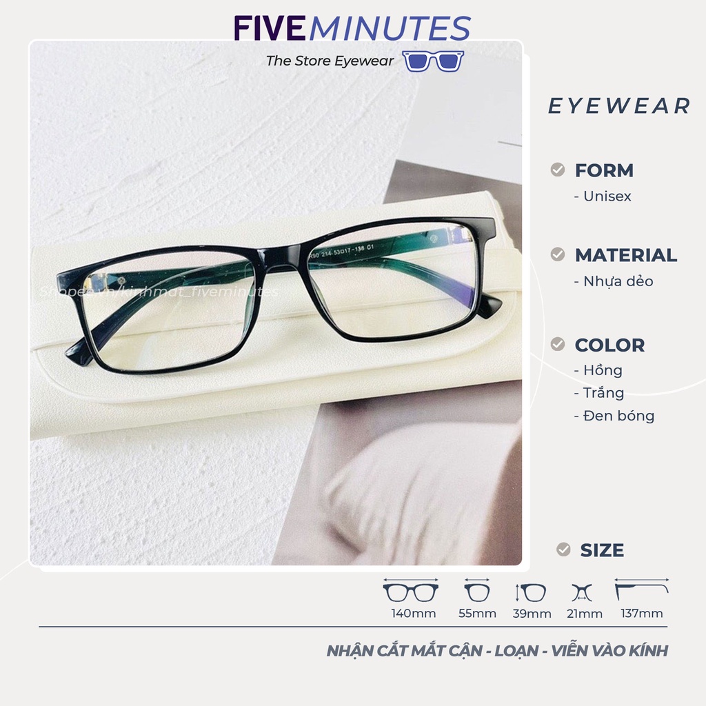 Gọng kính cận nam nữ, gọng kính vintage vuông nhựa dẻo Fiveminutes 214 Unisex Nam nữ
