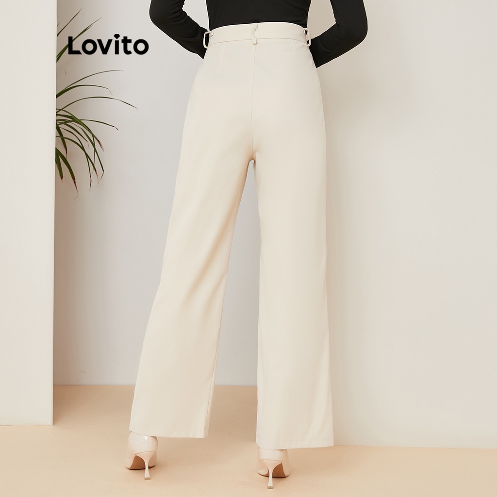 Lovito Quần ống thẳng lưng thun trơn vừa phải L21EN137 (Trắng nhạt)