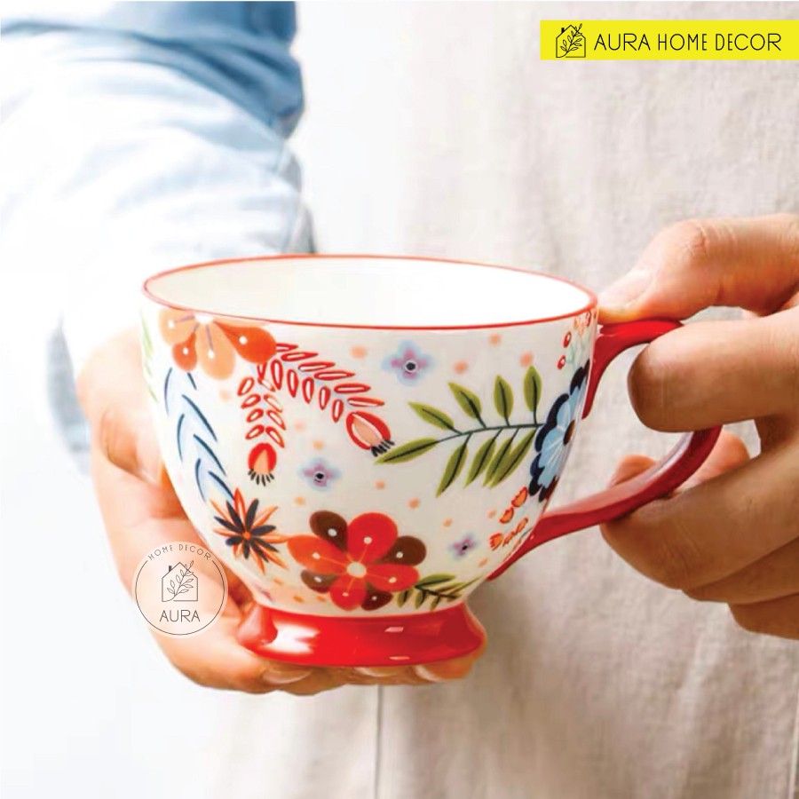 Cốc cafe sứ 400ml Châu Âu, gốm sứ họa tiết vẽ tay, tráng men thủ công, màu sắc rực rỡ