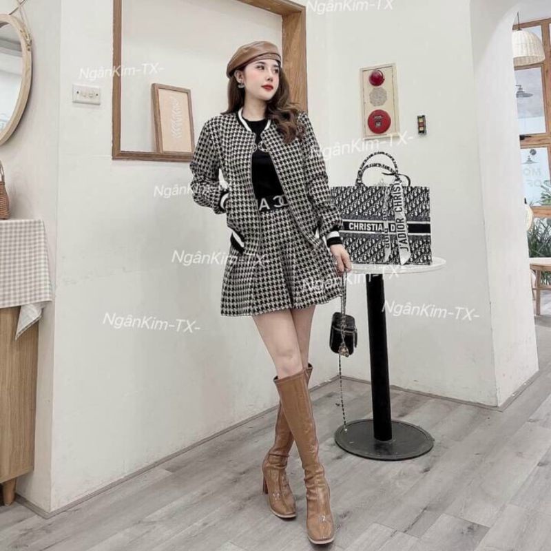Set dạ len áo khoác, áo sát nách, chân váy có lót (3 món) chất dạ len cao cấp, áo sát nách chất zip co dãn