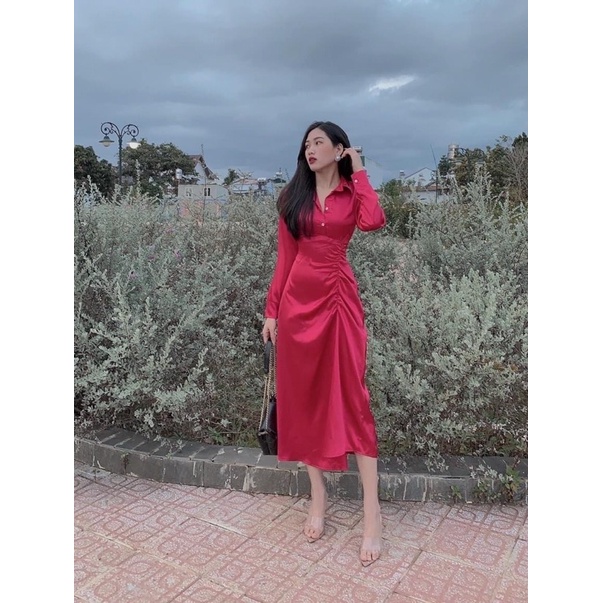 Đầm maxi sơmi phi nhíu eo dài tay 2 màu