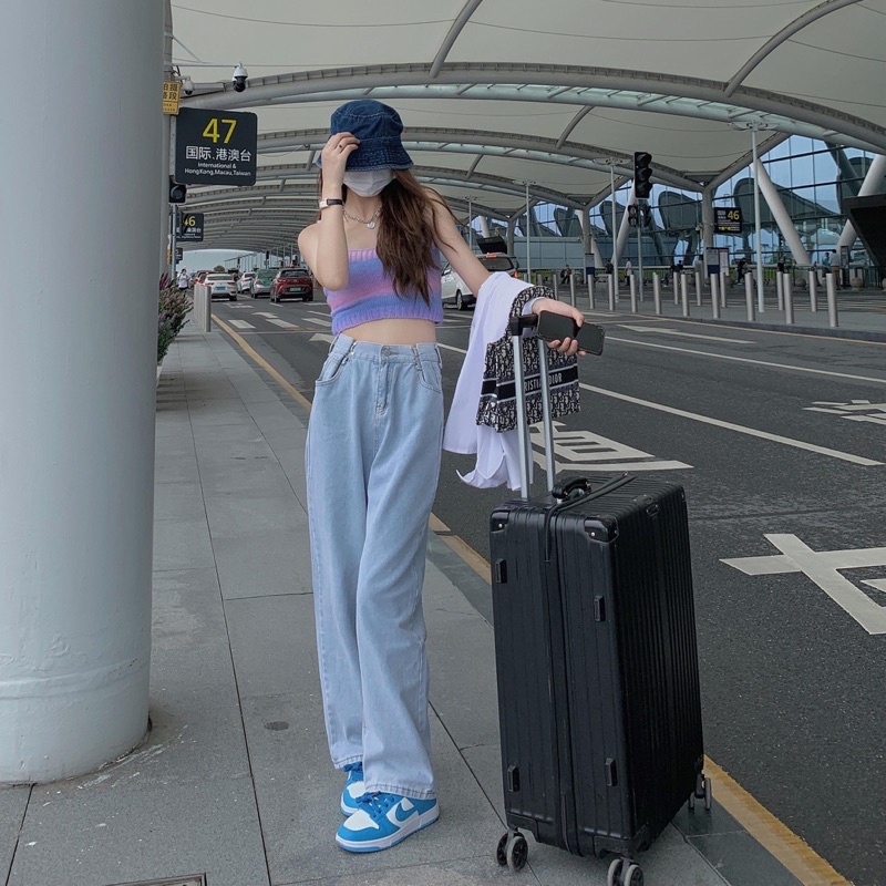 Quần Jeans Nữ Màu Xanh Nhạt Ống Suông Cạp Cao Gài Điều Chỉnh Eo Phong Cách Ulzzang Mặc Đi Học Đi Làm Đi Chơi Basic